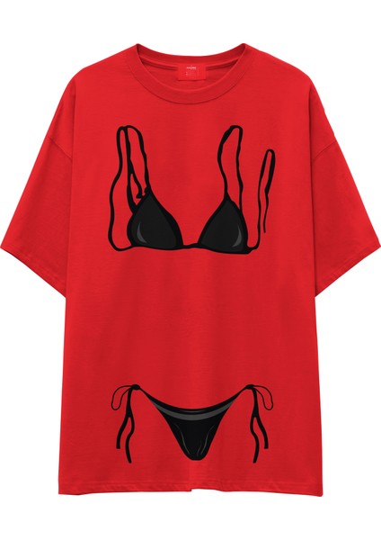 Black Bikini Oversize Tişört - Kırmızı