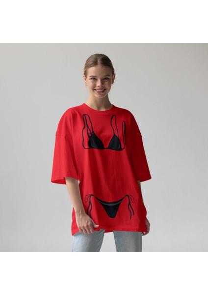 Black Bikini Oversize Tişört - Kırmızı modelleri