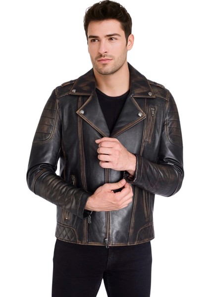 Modric Hakiki Deri Erkek Vintage Eskitme Biker Motorcu Tarzı Mont
