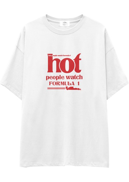 Hot People Watch Formula 1 Oversize Tişört - Beyaz
