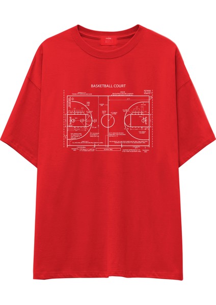 Basketball Court Oversize Tişört - Kırmızı