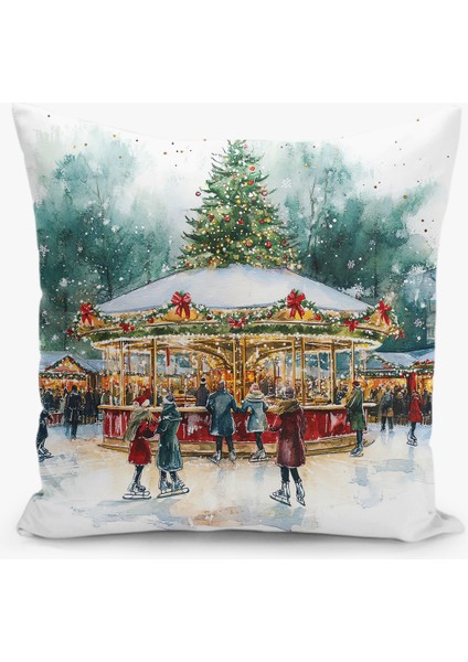 Çift Taraflı Dijital Baskı Kırlent Kılıfı Yılbaşı / Kış Manzarası / Christmas Desenli