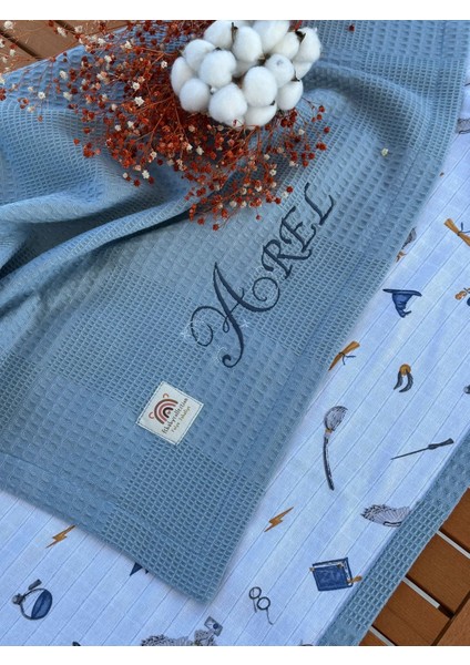 Ftbabycollection Çift Taraflı Kişiye Özel Isim Nakışlı Waffle Pike & Müslin Bebek BATTANIYESI 90X100 CM