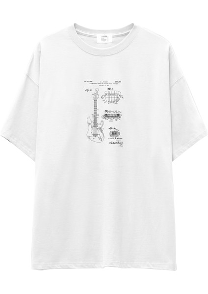 Fender Stratocaster Gitar Oversize Tişört - Beyaz