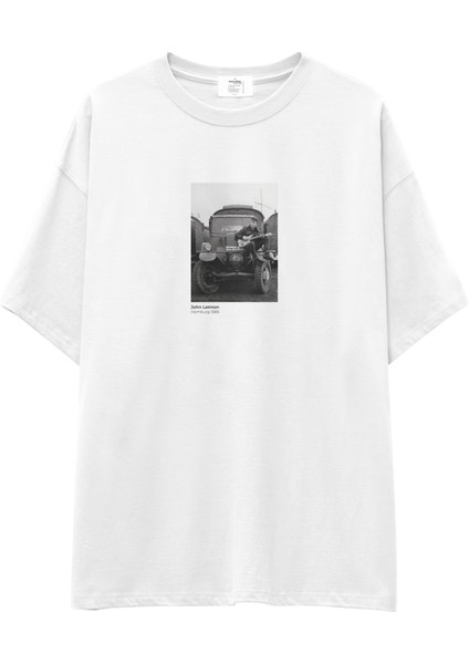 John Lennon Hamburg 1985 Oversize Tişört - Beyaz