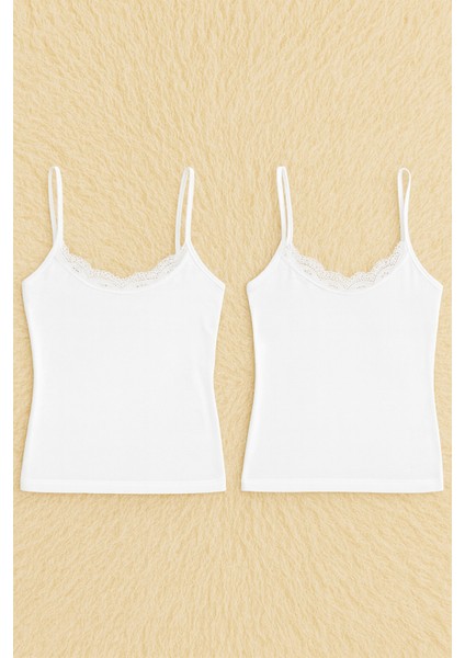 Kadın Pamuklu Likralı Dantelli Ip Askılı Penye 2'li Atlet