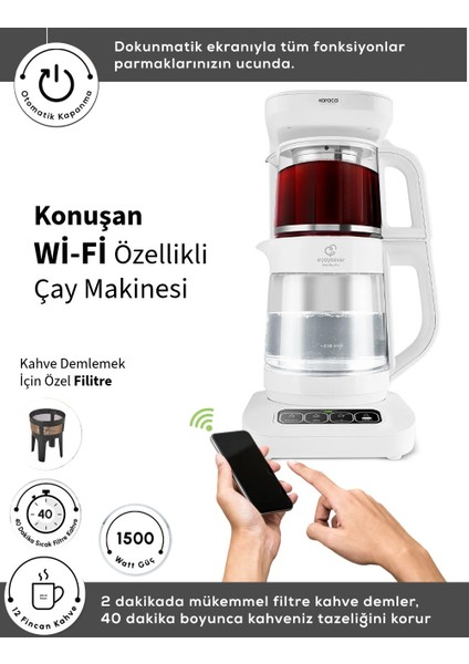 Çaysever Apple-Android Kablosuz Wi-Fi Kontrol Konuşan Cam Çay Makinesi Beyaz -Uzaktan Çay ve Filitre Kahve Demle