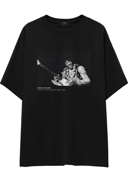 Jimi Hendrix Falkoner Centret Copenhagen 1969 Oversize Tişört - Siyah