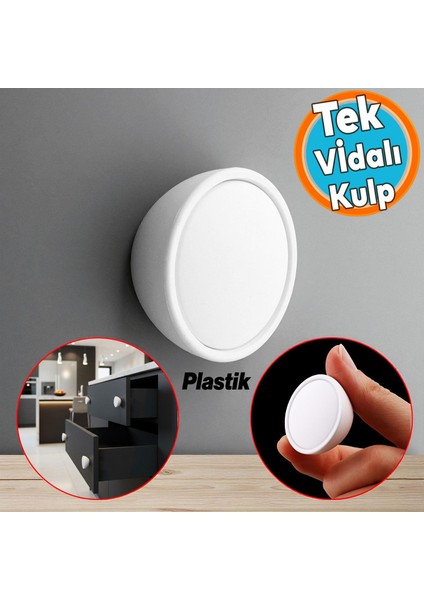 Beyaz Renk Tek Vidalı Polimer Düğme Kulp Bombeli Dolap Mobilya Dolap Çekmece Kulpu Kulbu