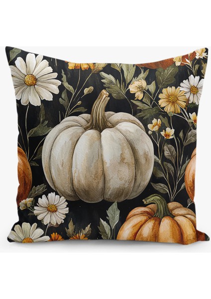 Çift Taraflı Dijital Baskı Kırlent Kılıfı Sonbahar / Kabak Desenli