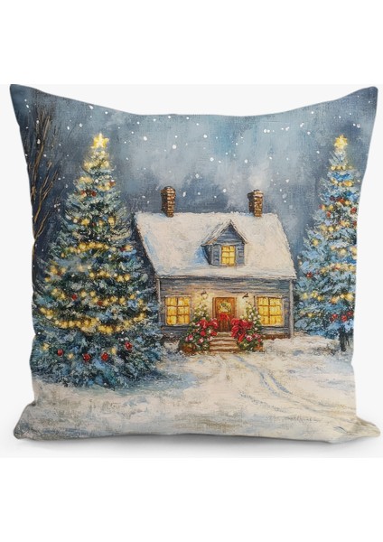 Çift Taraflı Dijital Baskı Kırlent Kılıfı Yılbaşı / Kış Manzarası / Christmas Desenli