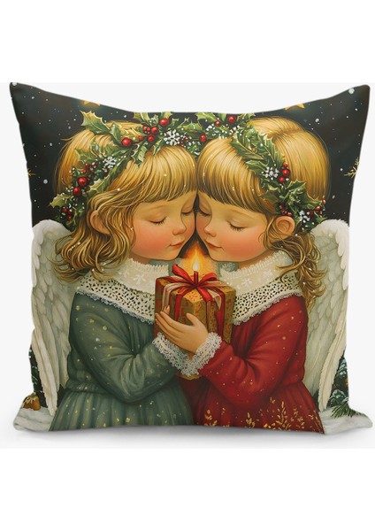 Çift Taraflı Dijital Baskı Kırlent Kılıfı Yılbaşı / Kış Manzarası / Christmas / Melek Desenli