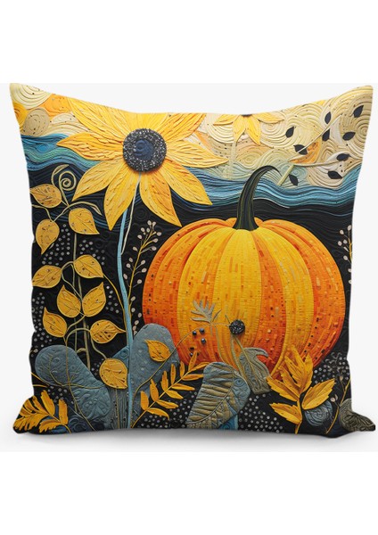 Çift Taraflı Dijital Baskı Kırlent Kılıfı Sonbahar / Kabak Desenli