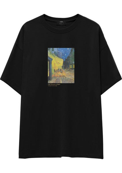 Café Terrace At Night Oversize Tişört - Siyah