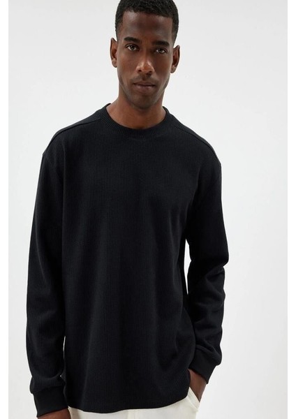 Oversize Kazak Bisiklet Yaka Dokulu Dikiş Detaylı Pamuk Karışımlı