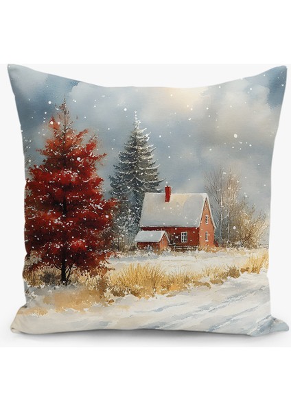 Çift Taraflı Dijital Baskı Kırlent Kılıfı Yılbaşı / Kış Manzarası / Christmas Desenli
