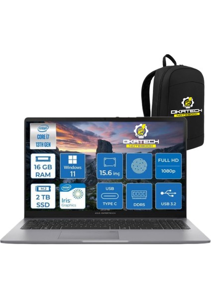 Expertbook P1 P1503 Intel Core I7-13700H 16GB Ddr5 2 TB SSD Wın 11 Pro 15.6 Fhd Intel UHD Taşınabilir Bilgisayar + Kablosuz Kulaklık
