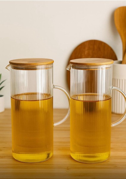 2’li Bambu Vakumlu Kapaklı 1500 ml Cam Yağdanlık Set Yağlık Takımı