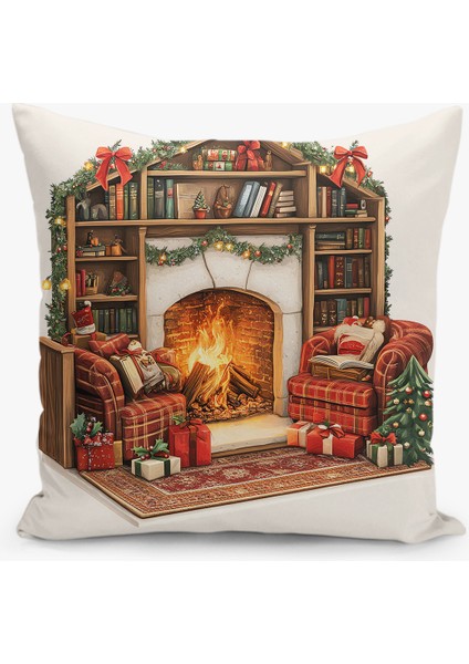 Çift Taraflı Dijital Baskı Kırlent Kılıfı Yılbaşı / Kış Manzarası / Christmas Desenli