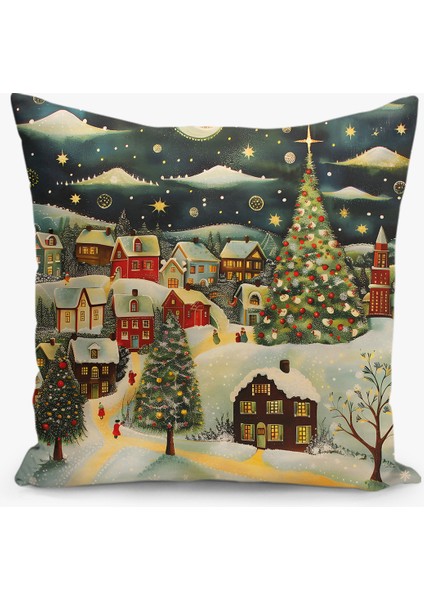 Çift Taraflı Dijital Baskı Kırlent Kılıfı Yılbaşı / Kış Manzarası / Christmas Desenli