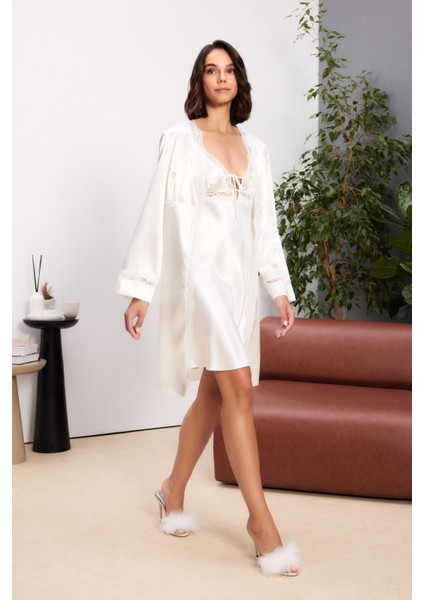 Saten Dörtlü Gelin Çeyiz Seti - 7010 Ekru