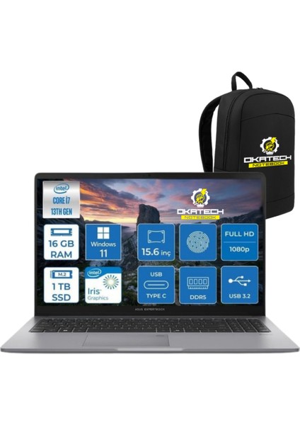 Expertbook P1 P1503 Intel Core I7-13700H 16GB Ddr5 1TB SSD Wın 11 Pro 15.6 Fhd Intel UHD Taşınabilir Bilgisayar + NOTEBOOK ÇANTASI