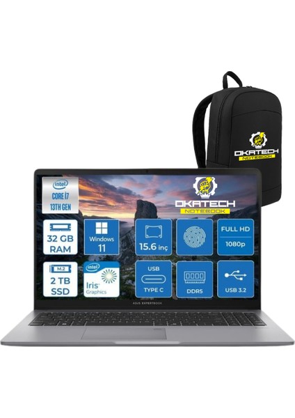 Expertbook P1 P1503 Intel Core I7-13700H 32 GB Ddr5 2 TB SSD Wın 11 Pro 15.6 Fhd Intel UHD Taşınabilir Bilgisayar + NOTEBOOK ÇANTASI