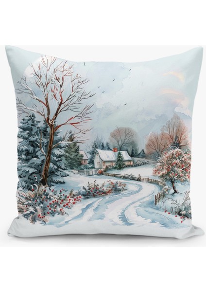 Çift Taraflı Dijital Baskı Kırlent Kılıfı Yılbaşı / Kış Manzarası / Christmas Desenli