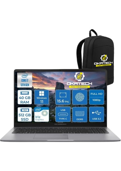 Expertbook P1 P1503 Intel Core I7-13700H 40GB Ddr5 512GB SSD Wın 11 Pro 15.6 Fhd Intel UHD Taşınabilir Bilgisayar + NOTEBOOK ÇANTASI