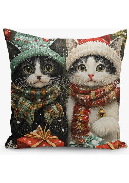 Çift Taraflı Dijital Baskı Kırlent Kılıfı Yılbaşı / Kış Manzarası / Christmas / Kedi Desenli