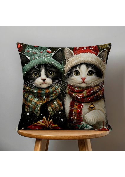 Çift Taraflı Dijital Baskı Kırlent Kılıfı Yılbaşı / Kış Manzarası / Christmas / Kedi Desenli fiyatları
