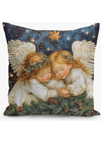 Çift Taraflı Dijital Baskı Kırlent Kılıfı Yılbaşı / Kış Manzarası / Christmas / Melek Desenli