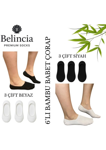 Bambu Kadın Babet Dikişsiz Siyah ve Beyaz Çorap Görünmez Kaydırmaz Topuk Silikonlu 6'lı Paket