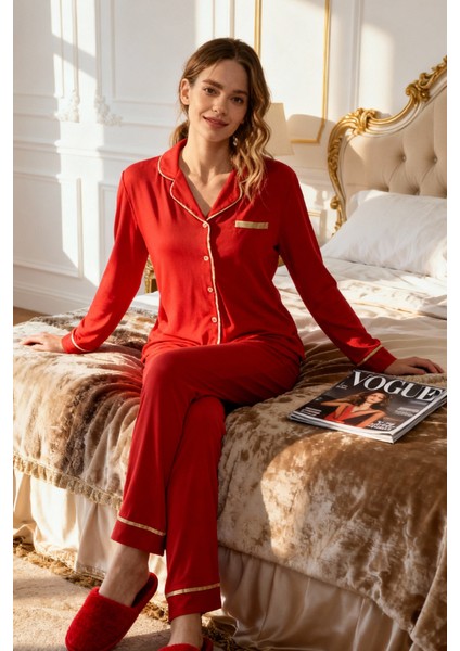 Kadın Kırmızı Uzun Kollu Gold Biyeli Mikro Modal Pijama Takımı