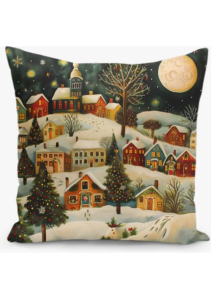 Çift Taraflı Dijital Baskı Kırlent Kılıfı Yılbaşı / Kış Manzarası / Christmas Desenli