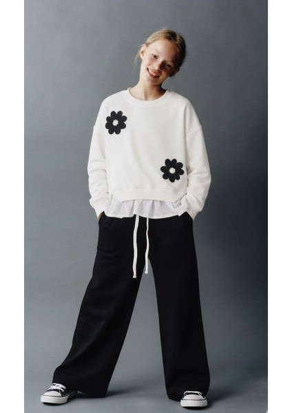 Kız Triko Çiçek Detaylı Etek Dokuma Poplin Takım