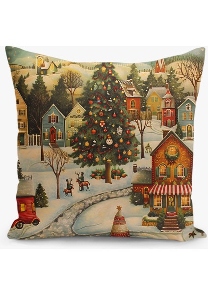 Çift Taraflı Dijital Baskı Kırlent Kılıfı Yılbaşı / Kış Manzarası / Christmas Desenli