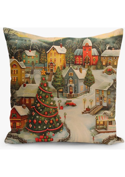 Çift Taraflı Dijital Baskı Kırlent Kılıfı Yılbaşı / Kış Manzarası / Christmas Desenli