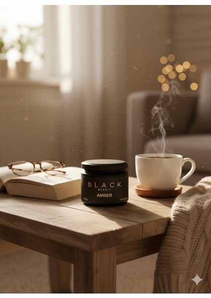 Black Series – Black Marble Amber Kokulu Mum (250GR) Doğal Vegan Soya Wax | Ahşap Fitil | Özel Siyah Mermer Desenli Cam Kavanoz