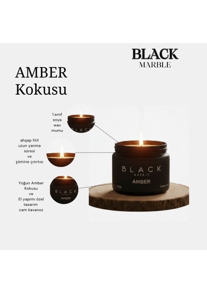 Black Series – Black Marble Amber Kokulu Mum (250GR) Doğal Vegan Soya Wax | Ahşap Fitil | Özel Siyah Mermer Desenli Cam Kavanoz fiyatları