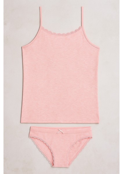 Kadın Pembe Melanj Likralı Pamuklu Ip Askılı Atlet Slip Külot Set W3İ5K1L2EKK