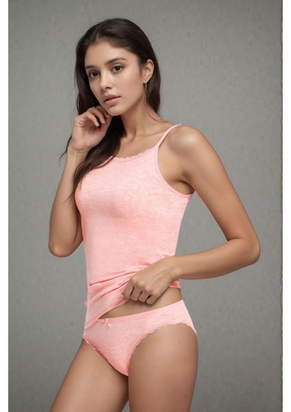 Kadın Pembe Melanj Likralı Pamuklu Ip Askılı Atlet Slip Külot Set W3İ5K1L2EKK fiyatları
