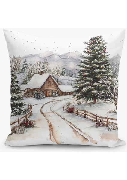 Çift Taraflı Dijital Baskı Kırlent Kılıfı Yılbaşı / Kış Manzarası / Christmas Desenli