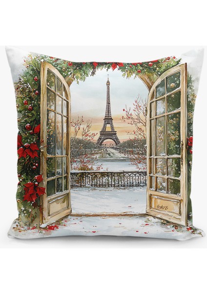 Çift Taraflı Dijital Baskı Kırlent Kılıfı Yılbaşı / Kış Manzarası / Christmas Desenli