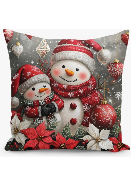 Çift Taraflı Dijital Baskı Kırlent Kılıfı Yılbaşı / Kış Manzarası / Christmas / Kardan Adam Desenli