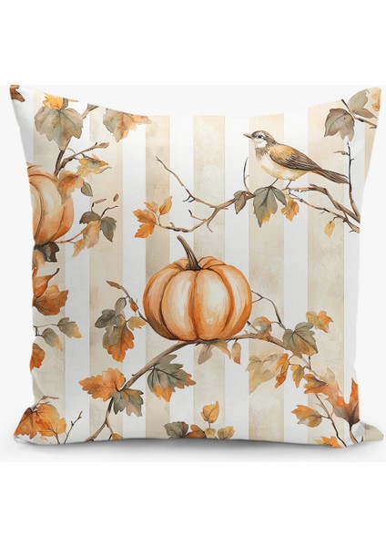 Çift Taraflı Dijital Baskı Kırlent Kılıfı Sonbahar / Kabak Desenli