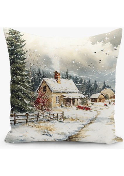 Çift Taraflı Dijital Baskı Kırlent Kılıfı Yılbaşı / Kış Manzarası / Christmas Desenli