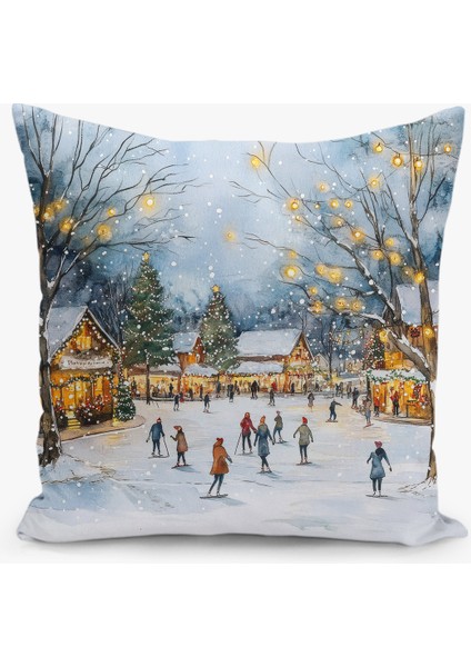 Çift Taraflı Dijital Baskı Kırlent Kılıfı Yılbaşı / Kış Manzarası / Christmas Desenli