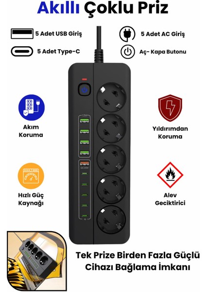 Pro P13 3000W Akım Korumalı 5 Girişli Type-C ve USB Girişli Uzatmalı Grup Priz