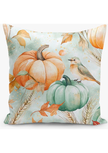 Çift Taraflı Dijital Baskı Kırlent Kılıfı Sonbahar / Kabak Desenli